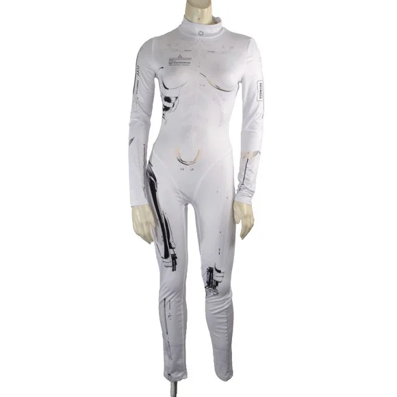 White Robotic Stretch Jumpsuit Tattoo Cyberpunk Longe Sleeve Bodysuit Size XS - Picture 2 of 14